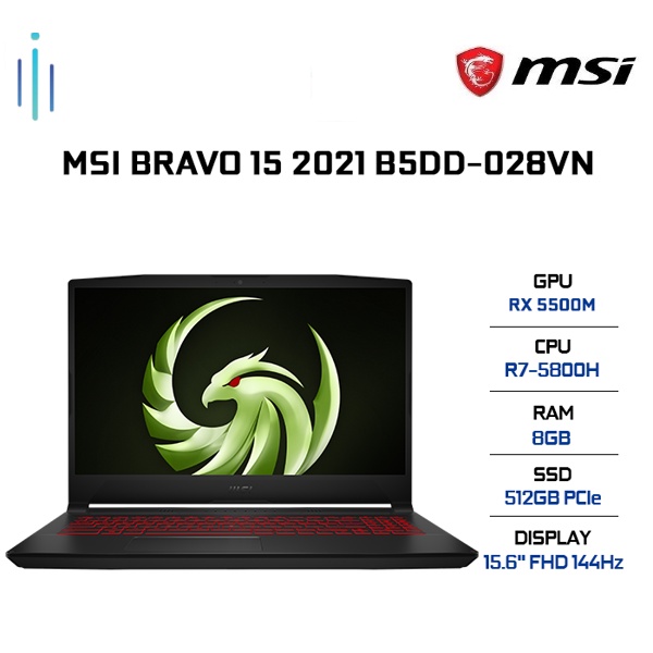 Laptop MSI Bravo 15 B5DD-028VN (R7-5800H | 8GB | 512GB | Radeon™ RX5500M 4GB | 15.6' FHD 144Hz | Win 10)