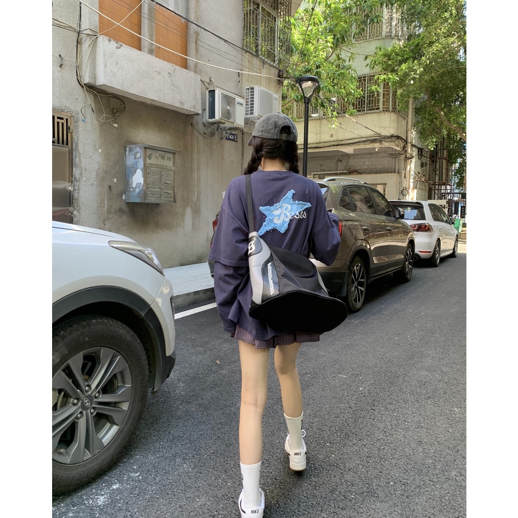 Áo Thun Tay Dài Cổ Tròn Thêu Hình Ngôi Sao Viền Thô Thời Trang Hàn Quốc Dành Cho Bạn Nữ