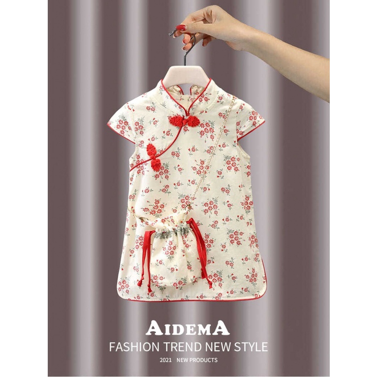Đầm Sườn Xám Tay Ngắn Họa Tiết Hoa Kiểu Trung Hoa Xinh Xắn Cho Bé Gái 80-140 yards