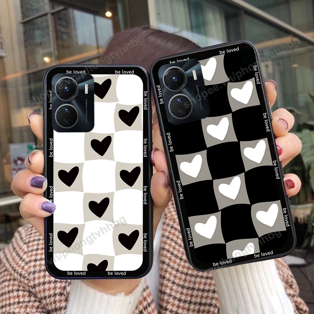 Ốp lưng Vivo Y16 4G - Vivo Y22S - Vivo T1 5G trái tim đôi caro đen trắng cute