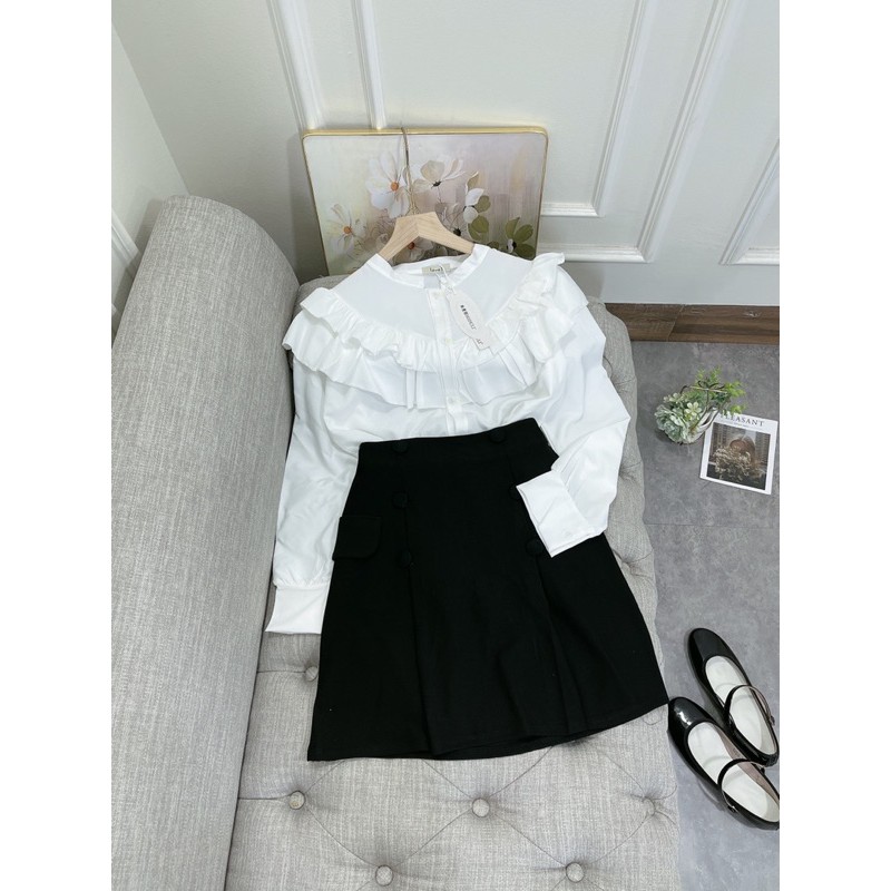 Bộ công sở áo sơ mi bèo tầng chân váy chữ A