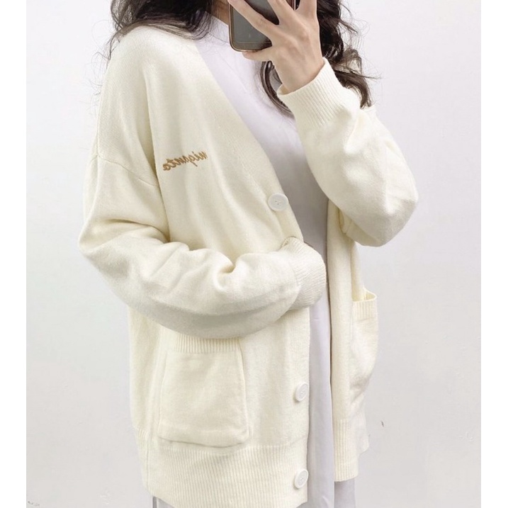 Áo khoác len cardigan dệt kim hai túi dài tay dáng rộng mềm mịn