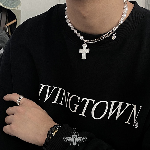 Vòng cổ Chuỗi Ngọc Trai Mặt Thánh Giá Sang Trọng Phong Cách hip hop
