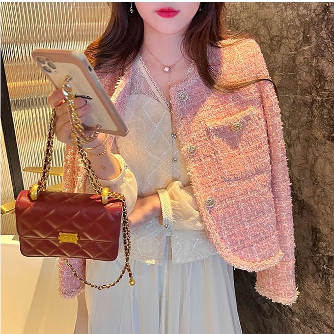 Áo khoác dạ tweed dáng ngắn màu hồng đậm
