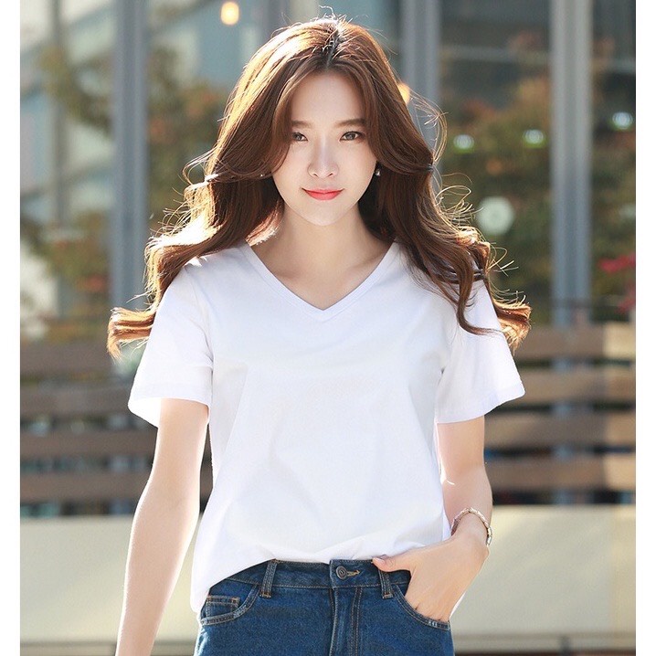 Áo phông nữ ELY trơn cổ tim ngắn tay dáng suông cotton basic đẹp trắng cao cấp, áo  thun nữ cổ V cộc tay đen ELY205