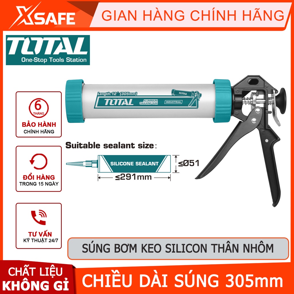 Súng bơm keo silicon thân nhôm TOTAL THT20112 | súng bơm silicon ống nhôm chiều dài súng bơm 305mm đường kính 55mm