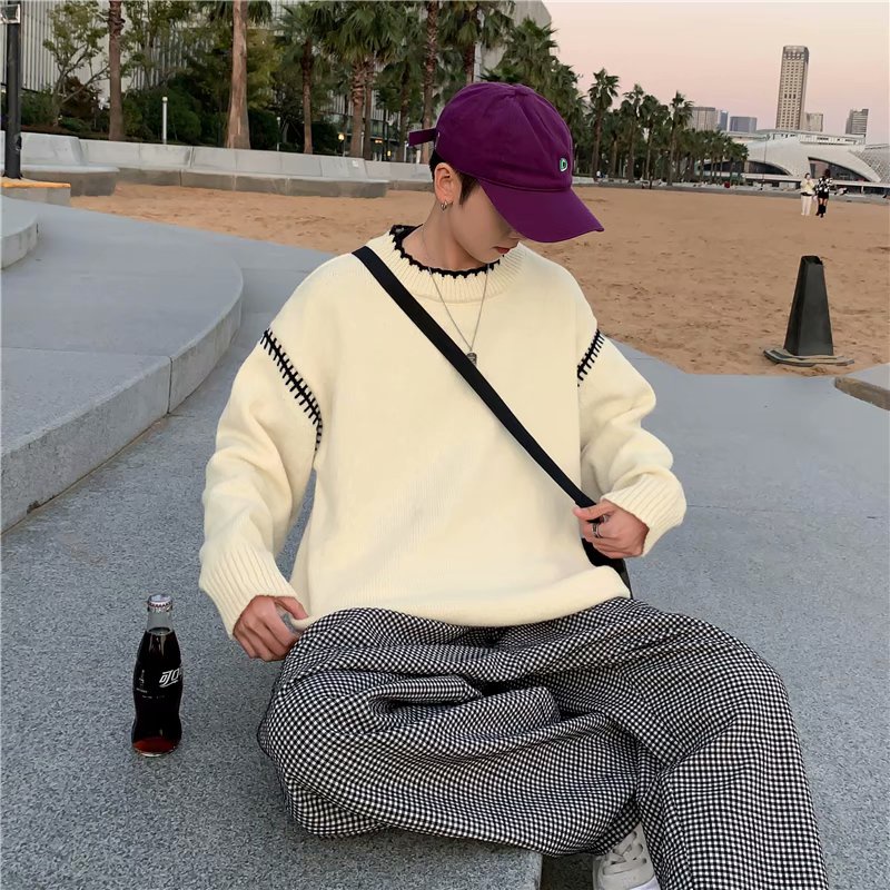 Áo sweater dệt kim tay dài cổ tròn phong cách retro hàn quốc thời trang cho nam