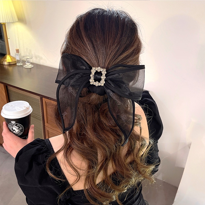 Kẹp Tóc Nơ Đính Đá Phối Lưới Màu Đen Phong Cách Hàn Quốc Dành Cho Nữ