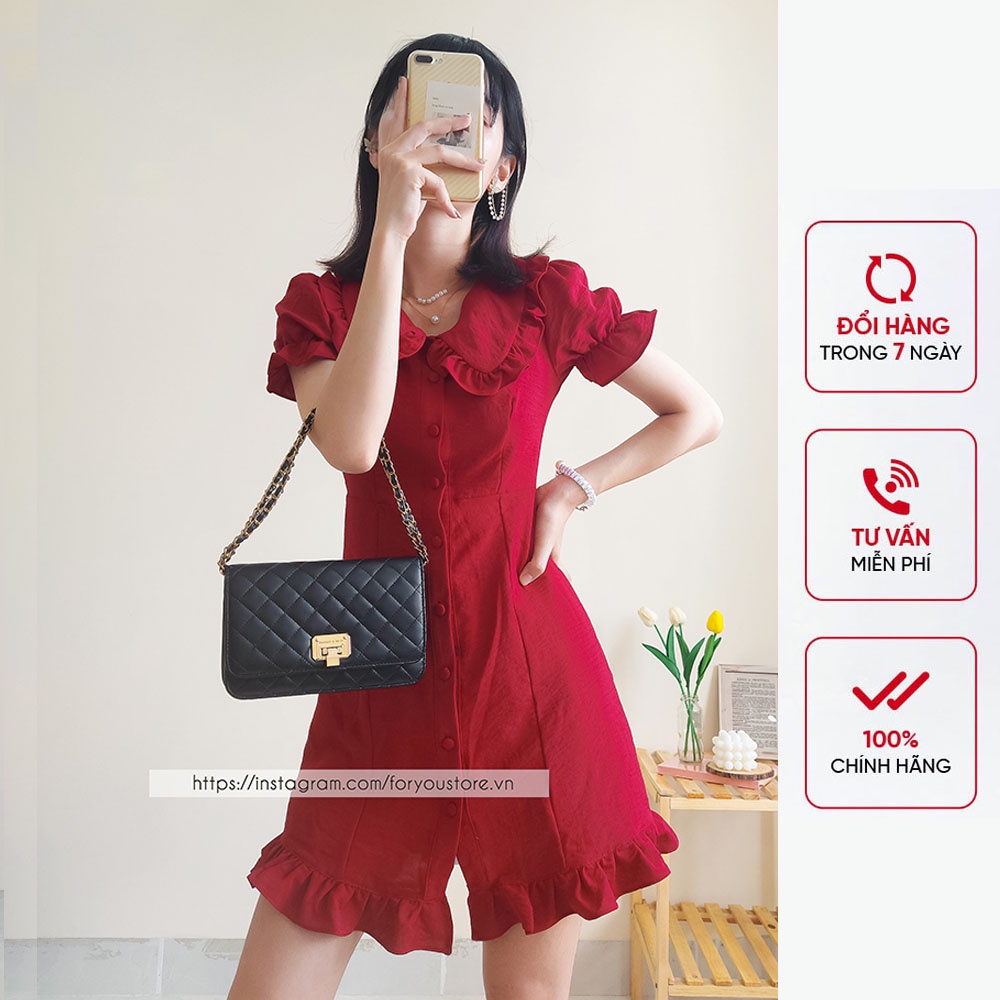 Váy đỏ đô FORYOU đầm cổ sen bèo tay bồng cúc giữa nhún bèo chân váy - Suri Dress | BigBuy360 - bigbuy360.vn