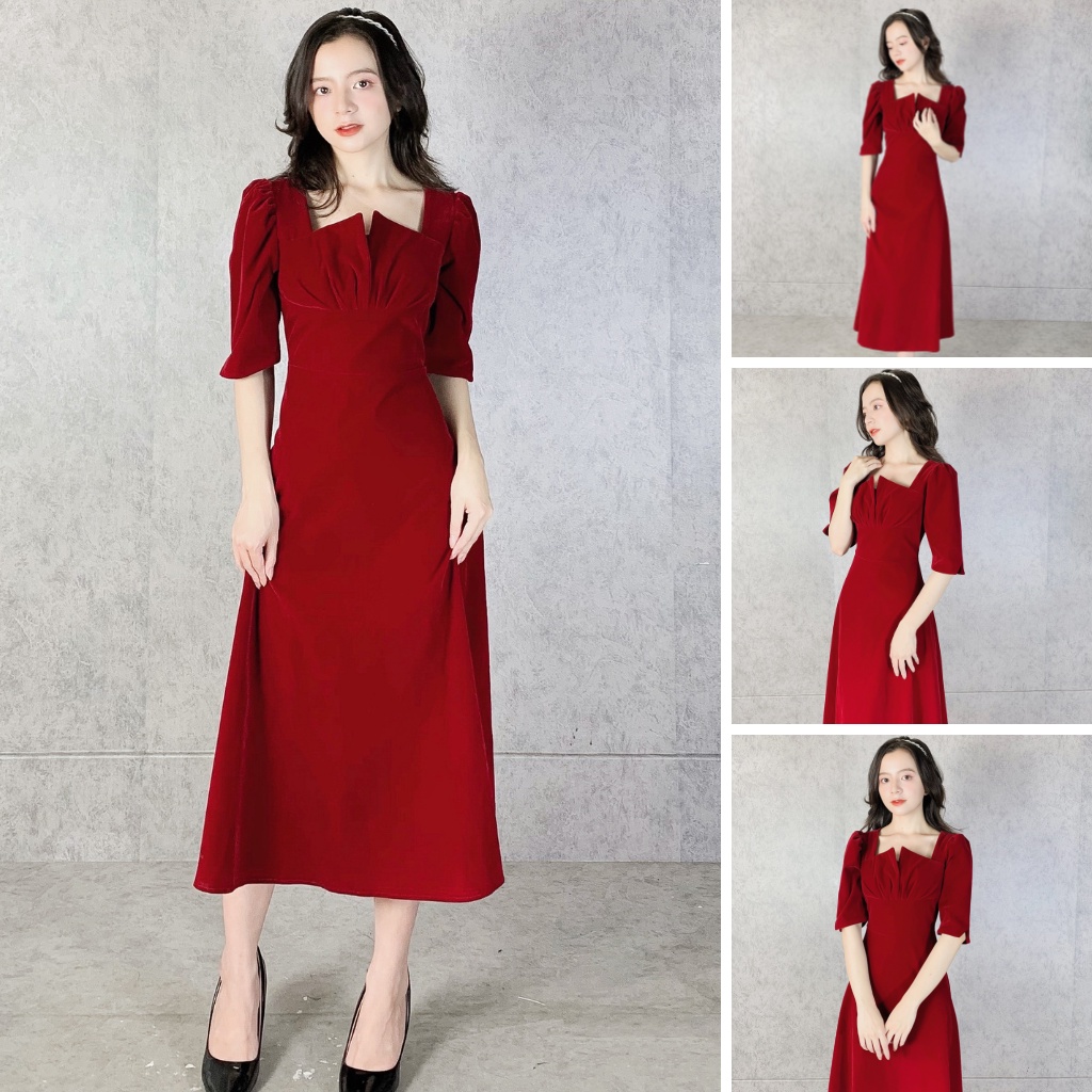 Váy công sở nữ vintage sang chảnh EMIX (màu đỏ), tay lỡ, xẻ ngực, dáng dài, thiết kế xẻ ngực, vải nhung mềm