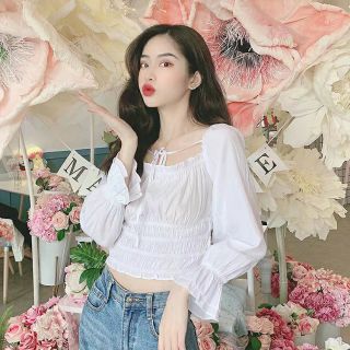 (SẴN) Áo cổ vuông buộc dây chun eo