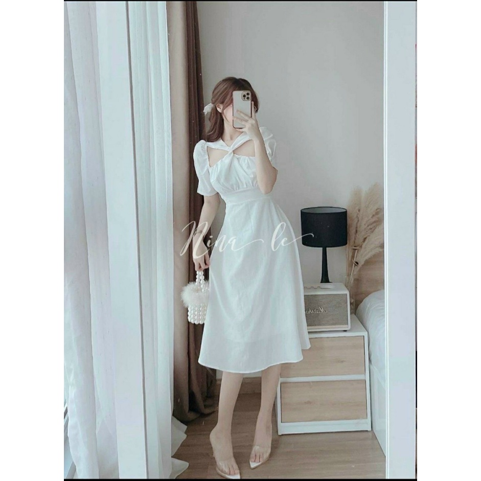 Đầm váy nữ cổ giả yếm tay ngắn ôm điệu đà nữ tính ( chất liệu lụa nhung ) mẫu phù hợp mọi phong cách