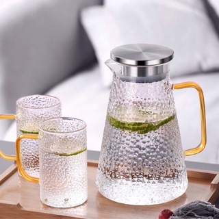Bộ bình cốc thủy tinh sần quai vàng vuông