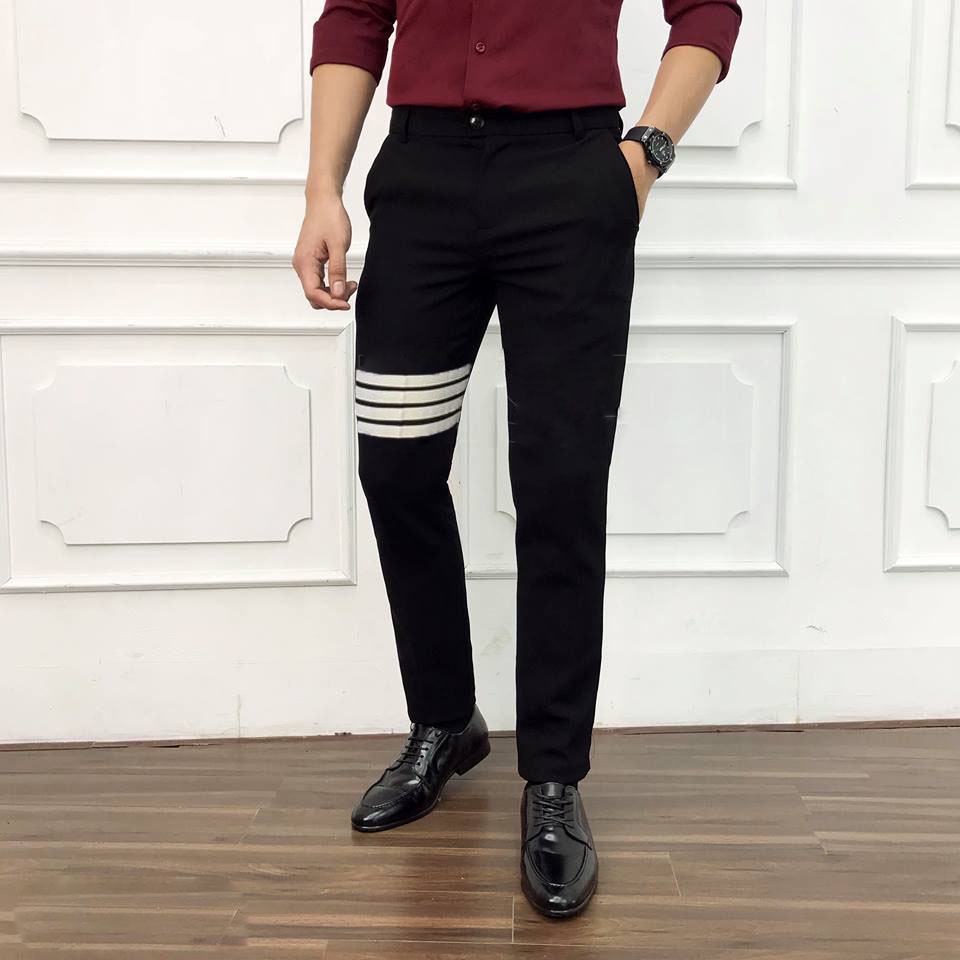 Quần Tây Nam Đen Viền Thắt Lưng Trắng Dáng Ôm Ống Côn Phong Cách Hàn Quốc