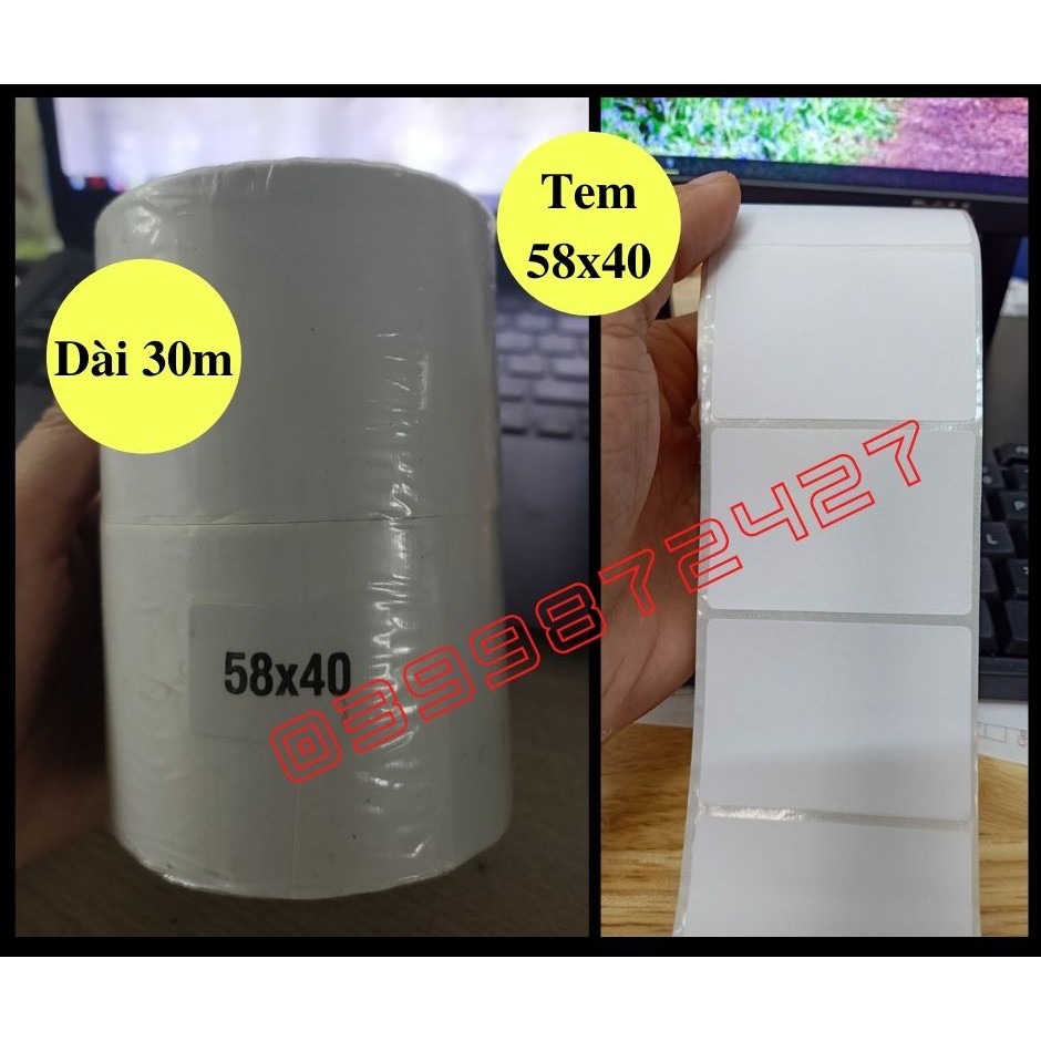 Tem nhiệt in mã vạch, cân điện tử siêu thị, trà sữa, in nhãn 1 tem/hàng khổ 58x40mm