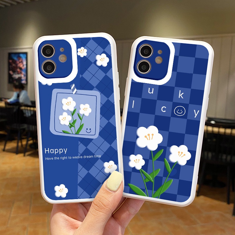 Ốp iphone - Ốp lưng iphone cạnh vuông viền camera Hoa trắng caro xanh dành cho ip 6 đến 14promax - ng037