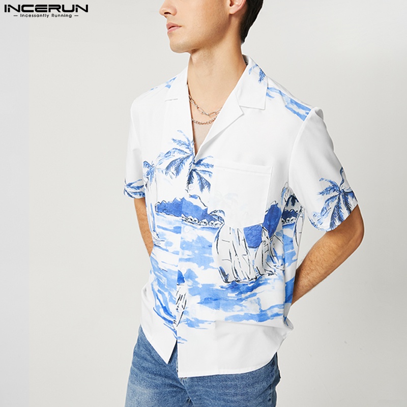 INCERUN Áo Sơ Mi Ngắn Tay In Họa Tiết Thời Trang Đi Biển Mùa Hè Cho Nam