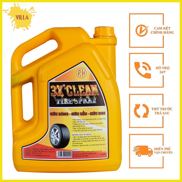 Dung Dịch Đánh Bóng Lốp Ô Tô Xe Máy, Làm Bóng Tất Cả Bề Mặt Cao Su 3X Clean 6 Lít