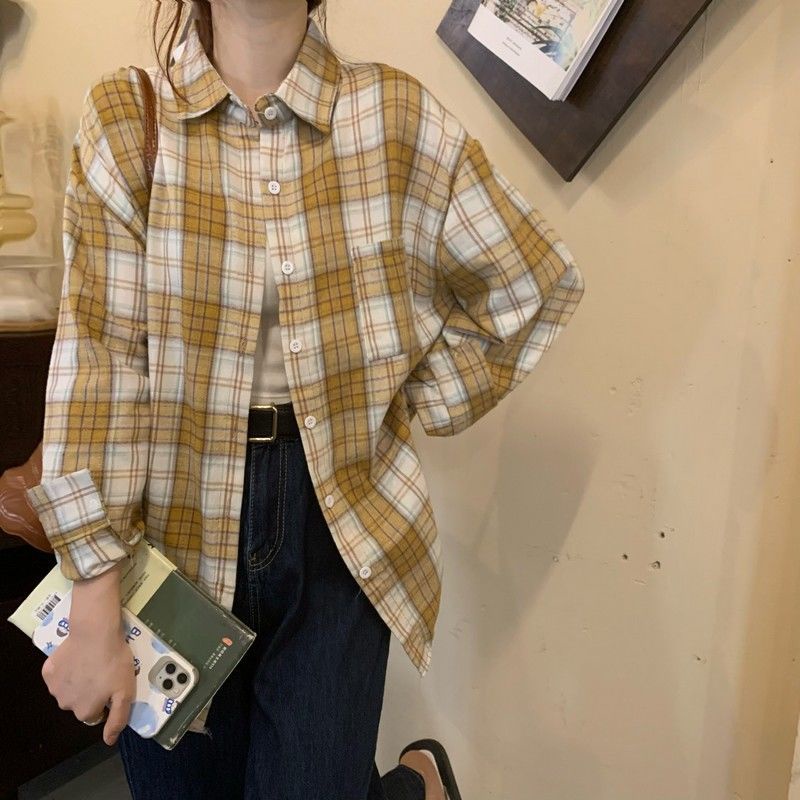 COZOK Áo Sơ Mi Dáng Rộng Kẻ Sọc Kiểu retro Hàn Quốc Dễ Phối Đồ