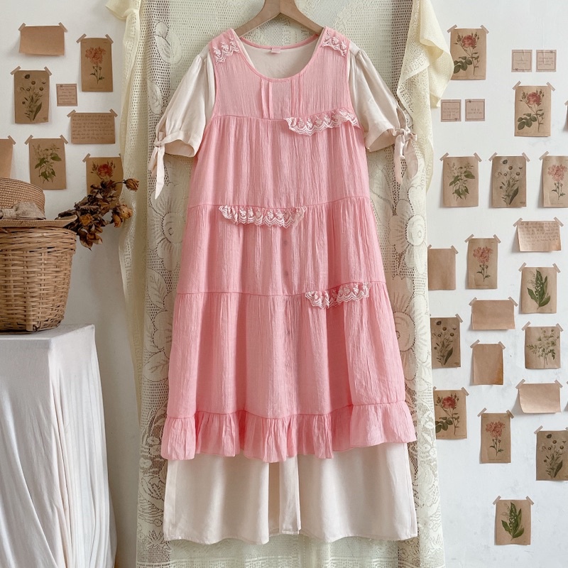 Set đầm yếm xô style mori cho nữ xinh xắn