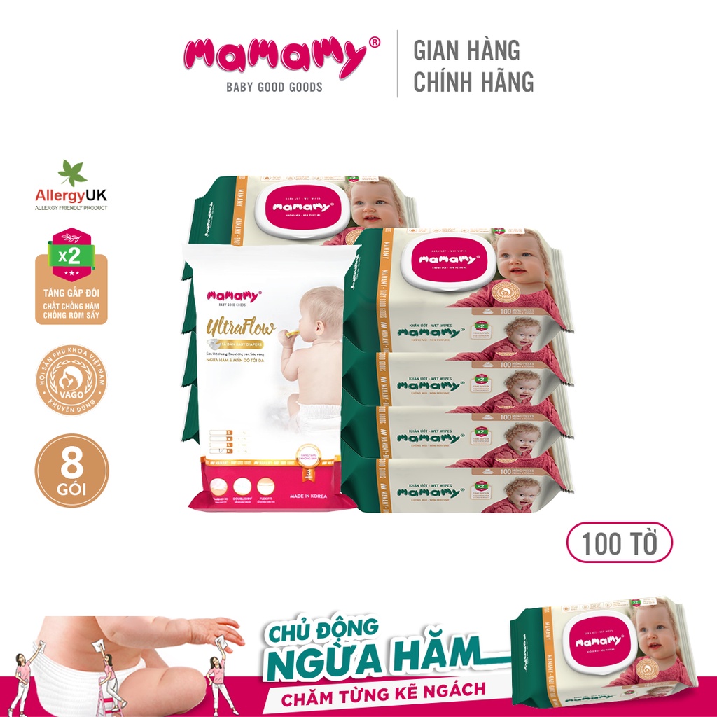 Combo 8 khăn ướt Mamamy 100 tờ và 1 gói 3 miếng tã dán Mamamy đủ size