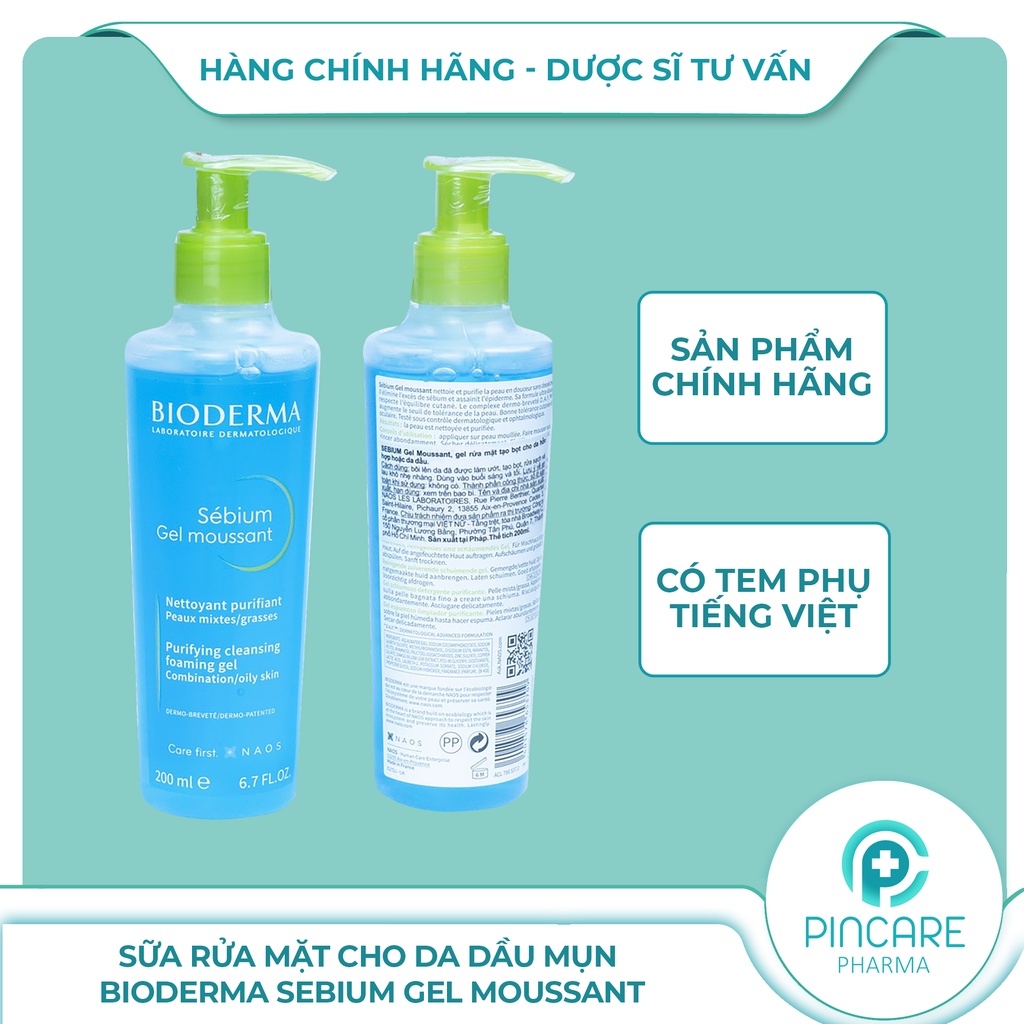 Sữa rửa mặt cho da dầu mụn Bioderma Sebium Gel Moussant (Xanh) 200ml - Có bill chính hãng - Nhà thuốc PinCare