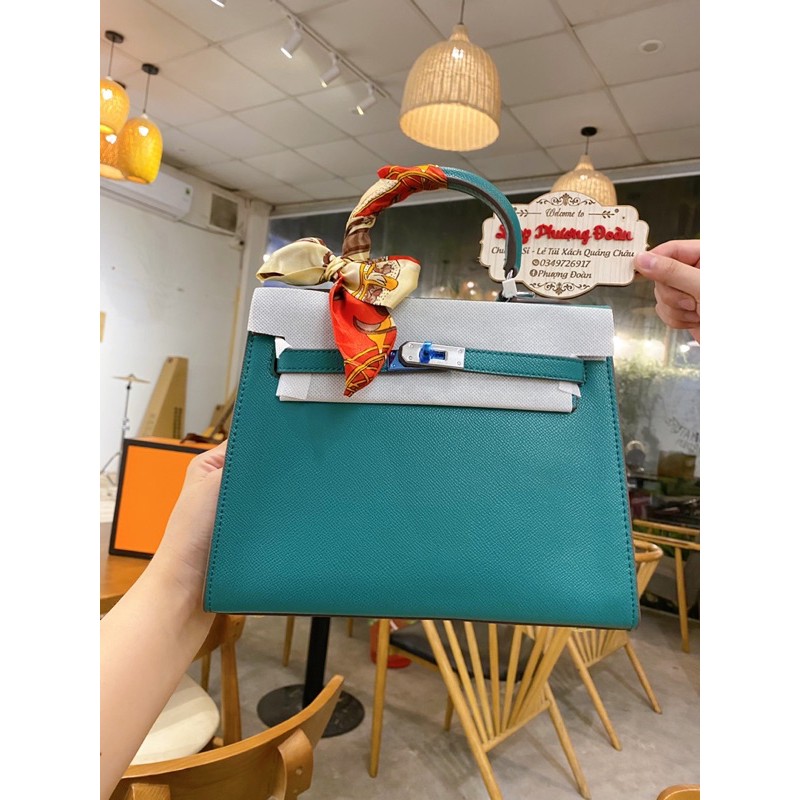 [KL25 FULL BOX]Túi da sần khoá trăng size 25cm tặng kèm khăn lụa