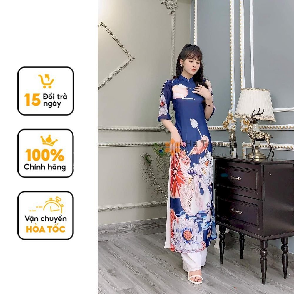 Áo dài tơ áo dài cách tân kết kim sa cao cấp màu xanh tết áo dài truyền thống ANLAC