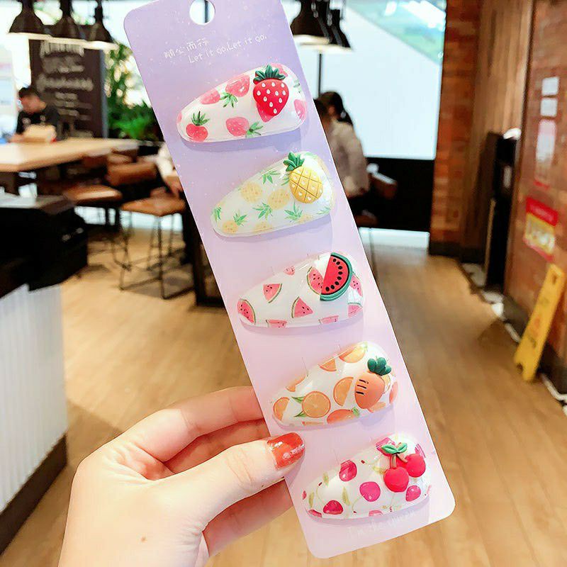 Set 5 cái kẹp bấm mái hình trái cây thú cưng vải không gây đau tóc bé