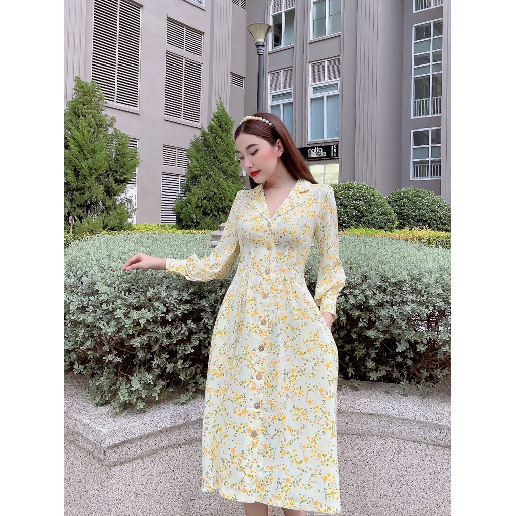 Đầm hoa xòe tay dài cổ điển Beatrix C504 Cin House