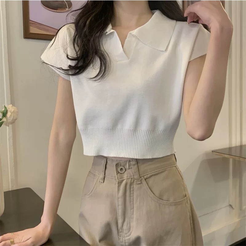 Áo Dệt Kim Croptop, Polo Nữ Cổ Đức Cộc Tay Hàng Quảng Châu Loại 1 Ailee