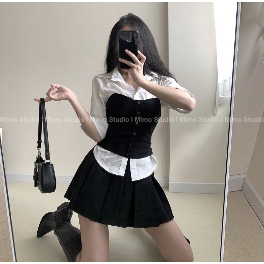 -  Quà tặng sinh nhật,bạn gái Set áo sơ mi xuyên thấu Chân váy xếp ly to