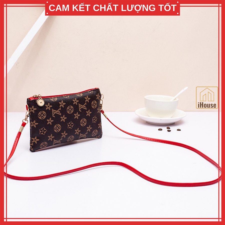 Túi ví ngang nữ có dây đeo vai giá rẻ, Cluth clutch ngang nữ để điện thoại màu nâu Cafe dây đeo nâu và đỏ