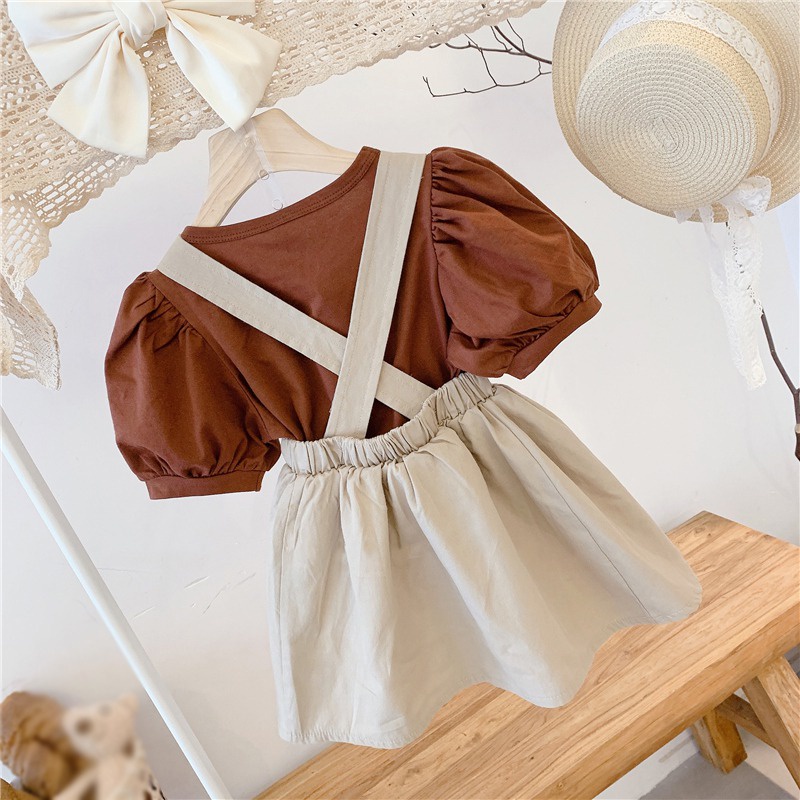 Set áo thun tay phồng + chân váy yếm xinh xắn theo phong cách mùa hè Hàn Quốc dành cho nữ