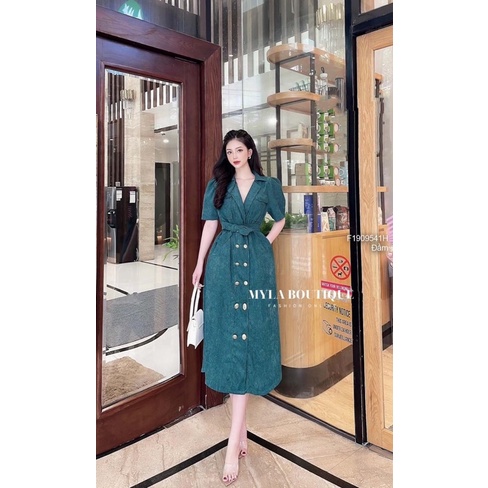 Đầm sơ mi nhung cổ vest cột eo