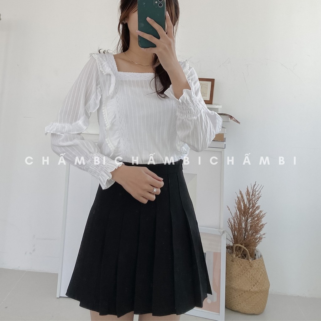 [SALE] Áo Kiểu Cổ Vuông Ren Tay Túm Bèo Ngực Cực Xinh Freesize - A.119 | BigBuy360 - bigbuy360.vn