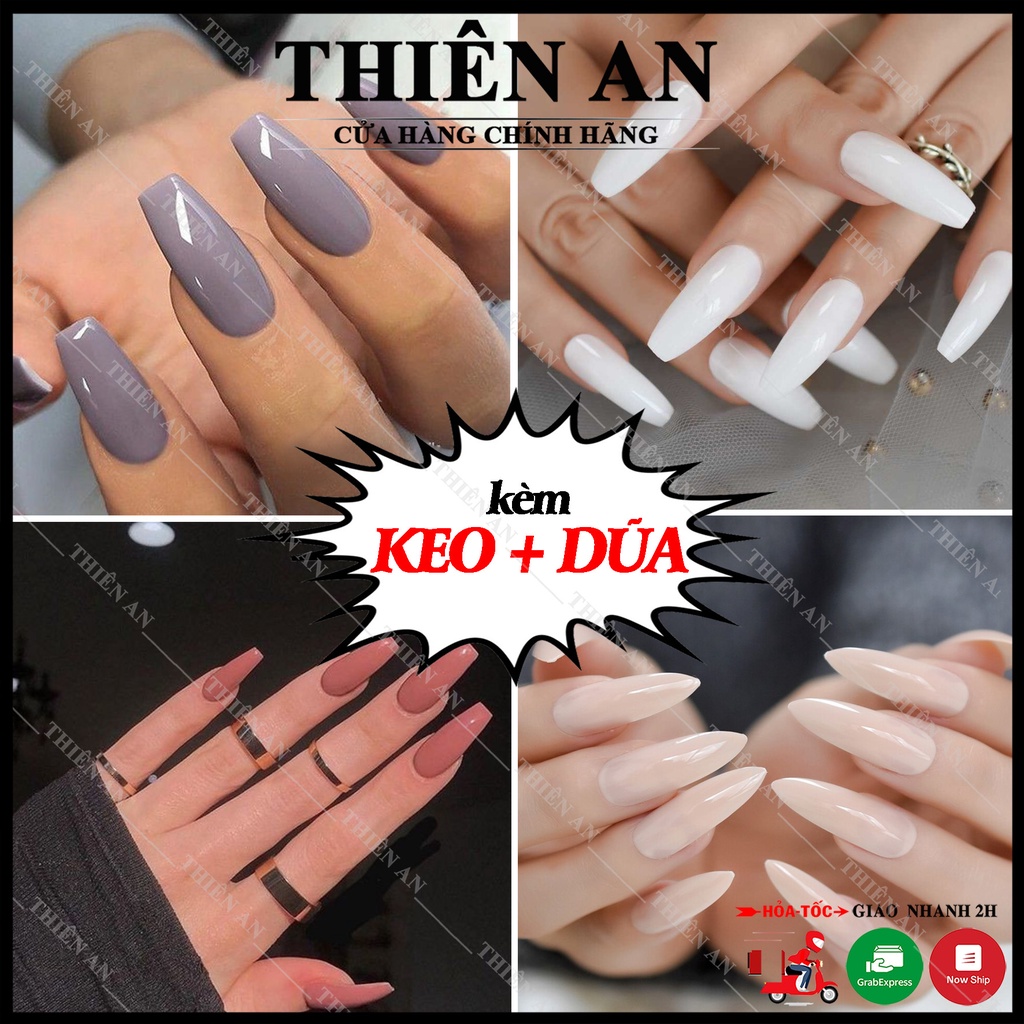 Bộ 20 móng tay giả phom dài màu trơn bóng sang trọng có thể sử dụng nhiều lần L31-L37