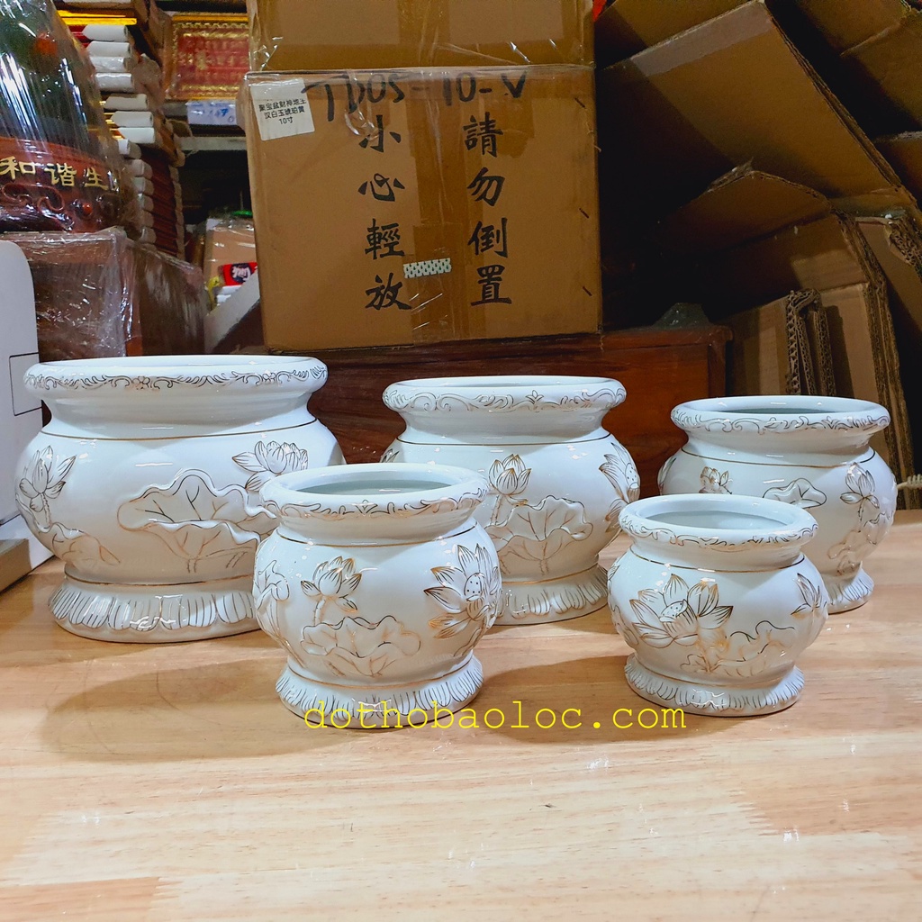 Bát nhang bạch ngọc sứ trắng cao cấp hình hoa sen nổi 4 cỡ cao: 9cm, 10.5cm, 12cm, 14.5cm