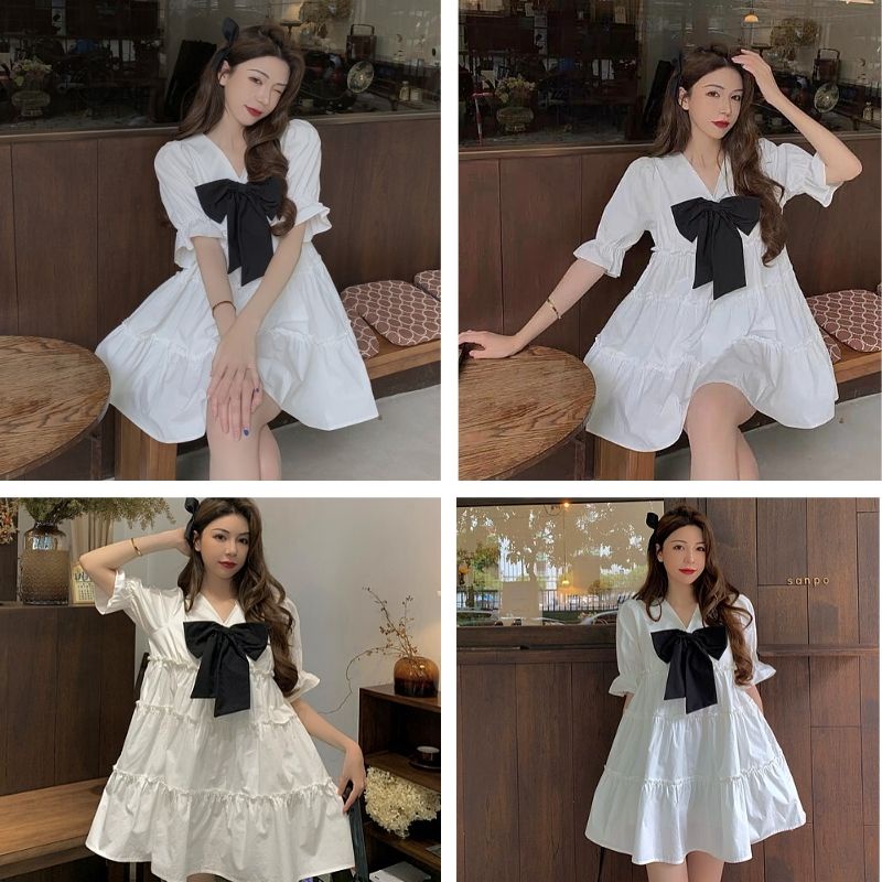 Đầm babydoll nữ ❤️váy xoè cổ v đính nơ❤️ chất thô mềm xếp tầng, tiểu thư -phương_1989