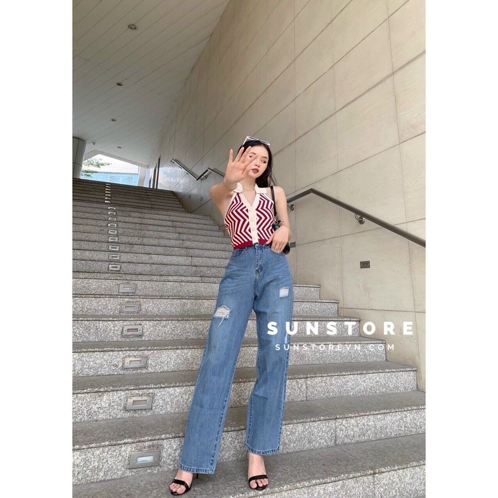 Quần jeans culottes xanh rách nhẹ jiino culottes jeans