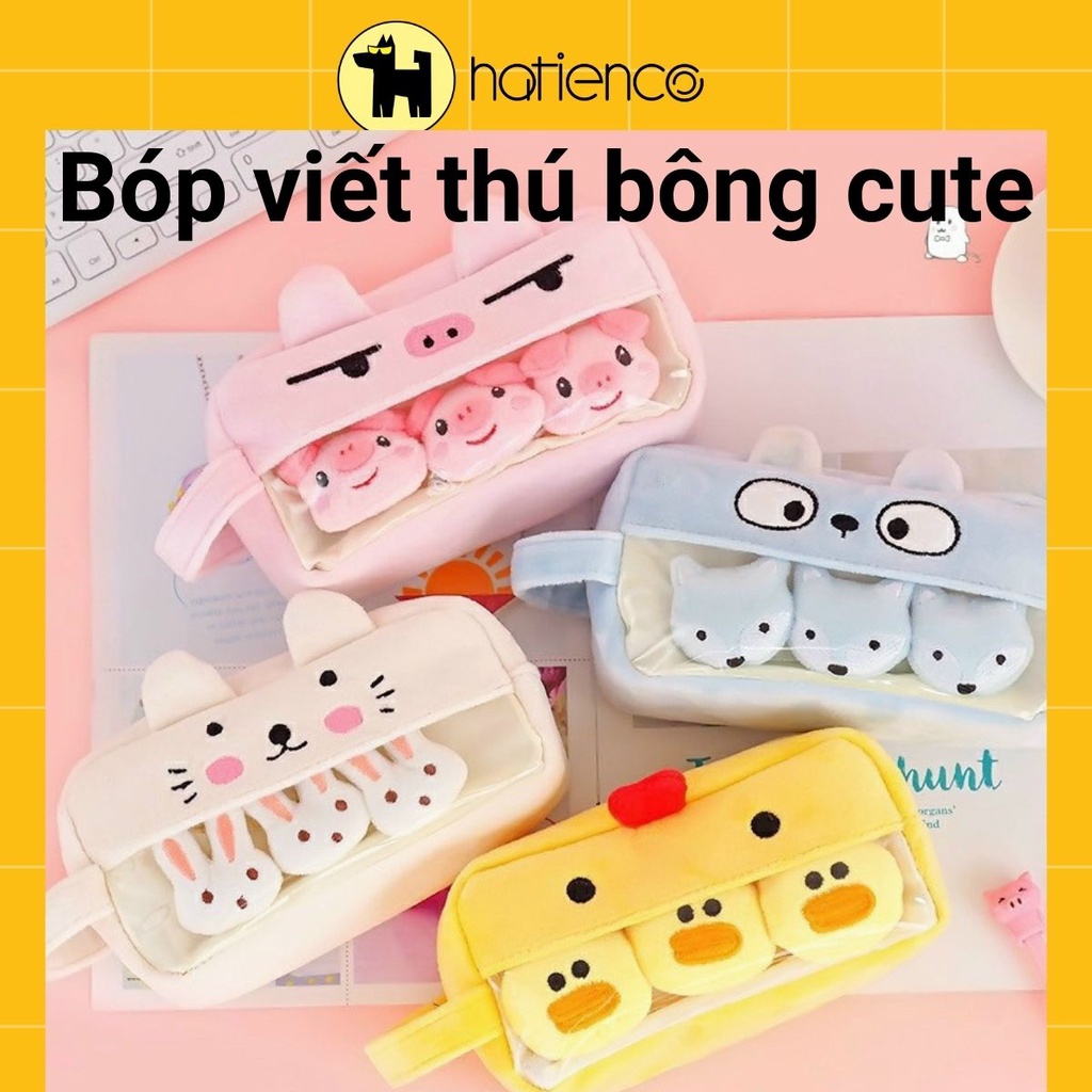 Bóp viết, hộp bút thú bông dễ thương heo hồng, vịt vàng, thỏ trắng, mèo xám