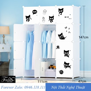 Tủ quần áo đẹp decal hình mèo lắp ghép 12 ô 111*147*47cm màu trắng - Nội Thất Nghệ Thuật Forever