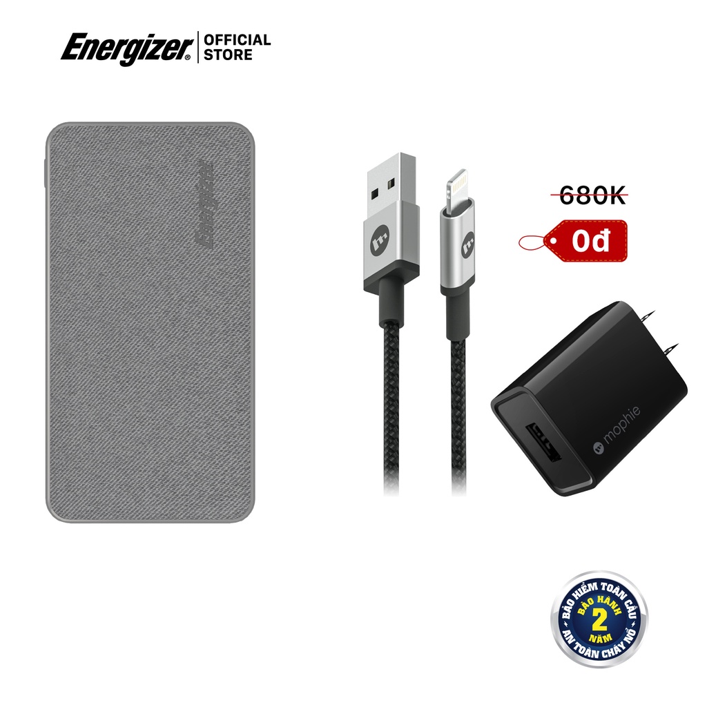 Combo sạc dự phòng Energizer 10,000mAh UE10043 - sạc Mophie 10W - cáp Mophie A to Lightning 1M - Hàng Chính Hãng