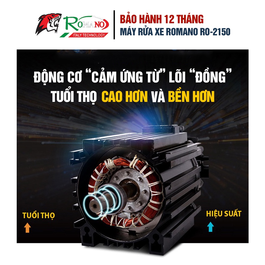 Máy rửa xe Romano RO2150A công suất 2150W có chỉnh áp, chống giật hiện đại bảo hành 12 tháng