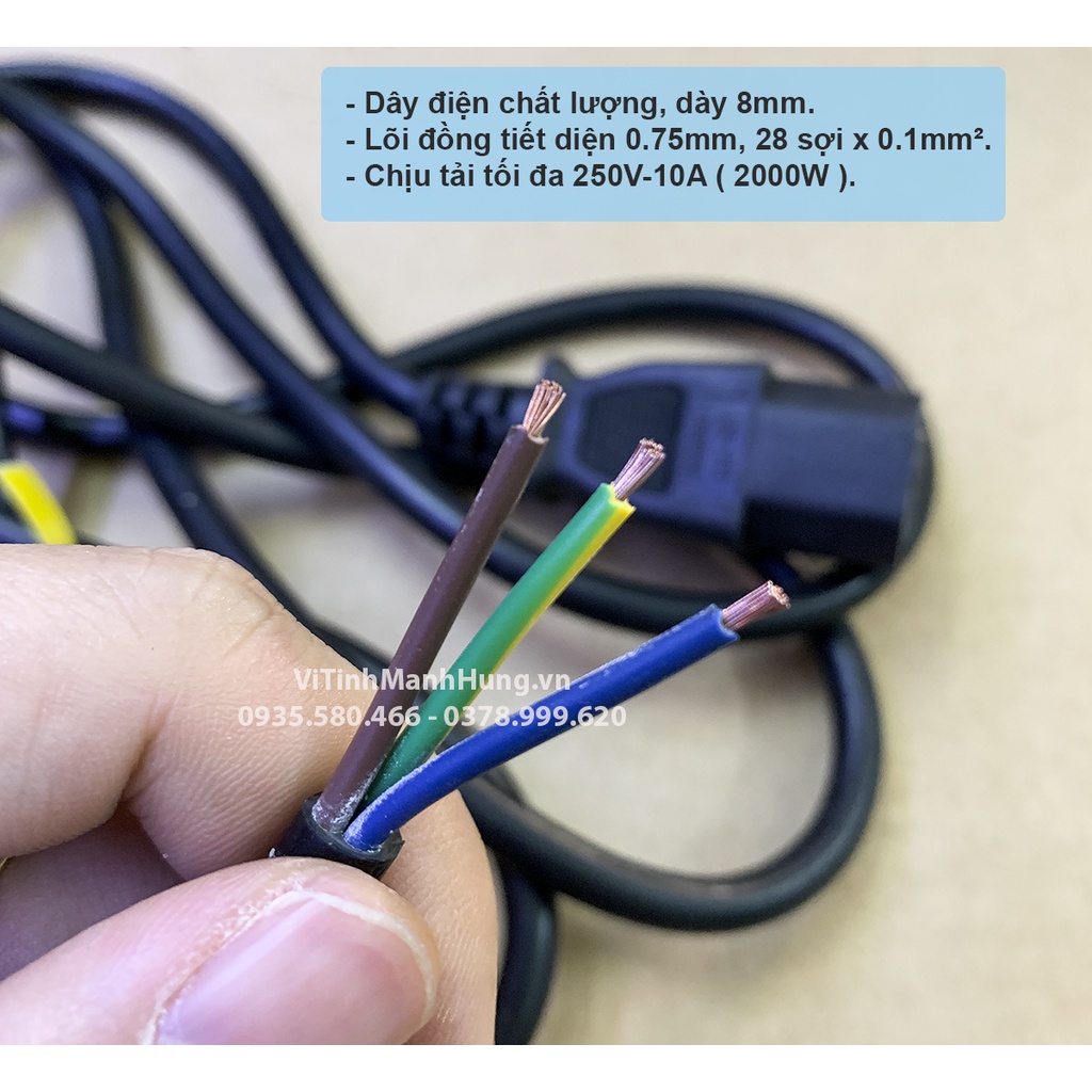 Dây nguồn máy tính cho nguồn công suất lớn, đầu cắm 2 chấu thẳng chuẩn châu Âu, 1M8, 250V-10A.