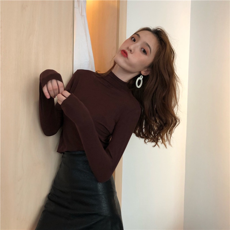 Áo thun cổ cao màu sắc đơn giản phong cách Hàn Quốc cho nữ