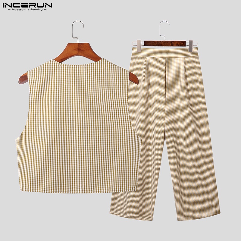 Set áo ghi lê và quần dài INCERUN họa tiết caro thời trang cho nam