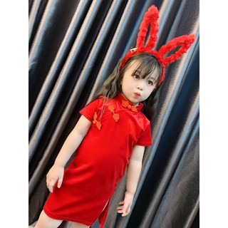 Váy sườn xám nhung đỏ cho bé gái