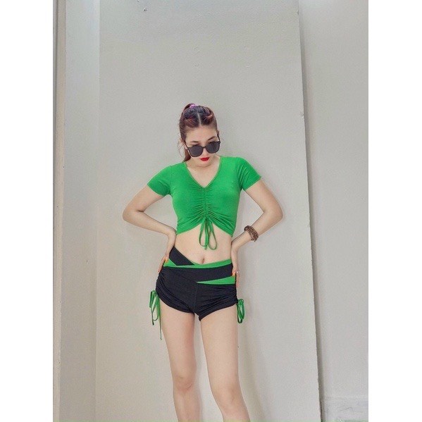 Bộ tập gym nữ, đồ tập gym yoga aerobic nữ áo rút ngực quần đùi phối chất đẹp BCV01