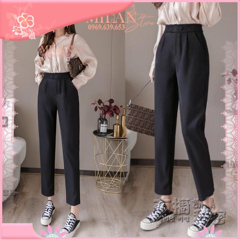 Quần tây đen nữ công sở 2 cúc bấm sắt mặc đi học làm - Dáng quần baggy vải công sở nữ lưng cao ống đứng